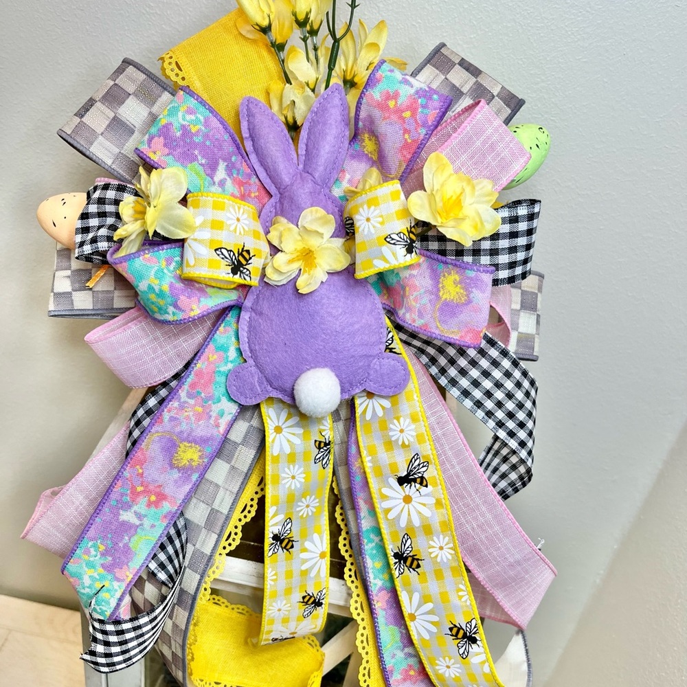 Charming Spring Bunny Bow with Mackenzie Childs Ribbon and Purple Ribbons